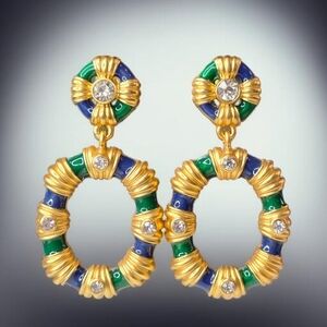18k Matte Gold Plated Emerald Sapphire Enamel Crystal Hoop Dangle Earrings